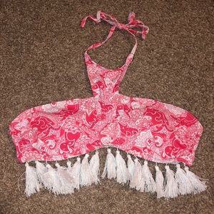 Coral and White Paisley Swimsuit top with tassels